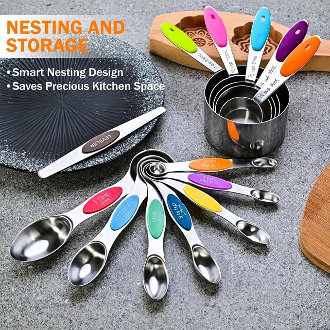 XSNBRD 13-Piece Magnetic Measuring Cups & Spoons Set | Stainless steel with silicone handles. Magnetic nesting for compact storage. Ideal for baking and cooking. Multicolor set.