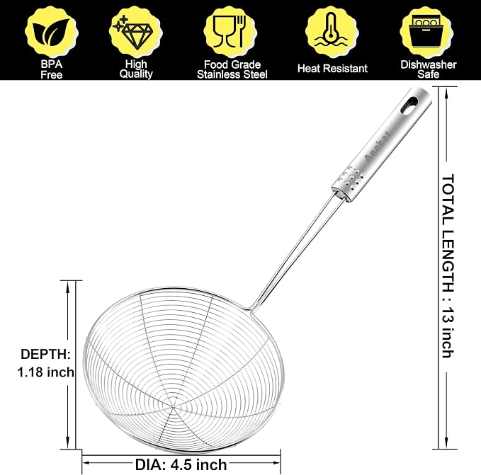 Anaeat 4.5" Stainless Steel Spider Skimmer, Professional Kitchen Pasta Strainer Spoon with Long Handle - Asian Strainer Ladle Wire Skimmer Spoons for Cooking and Frying