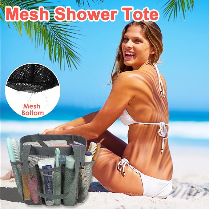 Fammart Mesh Shower Caddy Portable for College Dorm Room Essentials, Odorless Polyester Large Shower Tote Bag with Dual Handles, 8-Pocket Quick-Dry Toiletry Organizer for Travel, Beach, Camping, Gym