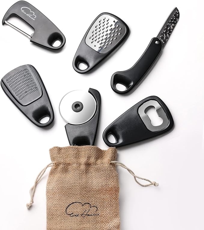 Kitchen Gadgets Set 6 Piece, Space Saving, Portable, Black | Stackable Gadgets Utensils, Grater, Bottle Opener, Pizza Cutter, Peeler, Paring Knife, Garlic Grinder, Storage Bag