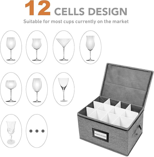 HURZMORO Wine Glass Storage Box 3-Pack, Holds 36 Stemware Glasses, Stackable Padded Glassware Organizer with Handles & Zipper, Oxford Fabric Case for Moving & Holiday Storage