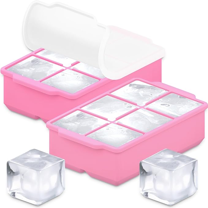 KitchFort® Large Silicone Ice Cube Tray (2-Pack), Easy Release 2" Big Ice Cubes - Cocktail, Whiskey Ice Cubes Mold - Ice Trays for Freezer with Lid - Stackable Silicone Ice Tray - Pink