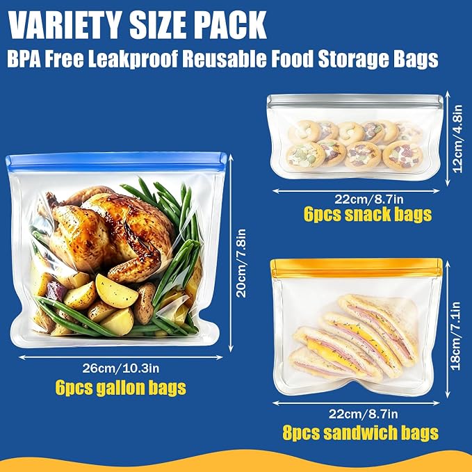 20Pack Dishwasher Safe Reusable Bags, 3Size Leakproof Reusable Silicone Freezer Bags Food Storage Containers for Meal Prep Containers, Lunch Sandwich Bag for Salad Fruit, Vegetables, Home Organization