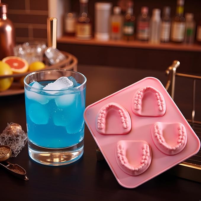 2Pcs Pink 4 Hole Denture Teeth Shaped Ice Cube Mold Silicone Ice Tray DIY Ice Cream Funny Gag Gift For Dentist Seniors Ice Tray Molds, Ice Cube Molds and Trays