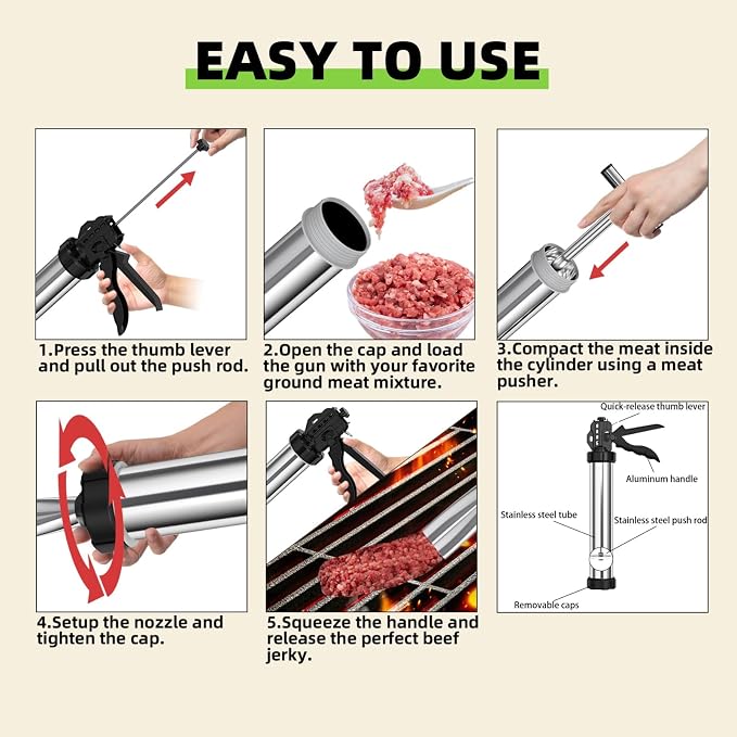 Beef Jerky Gun Kit, 2lb Stainless Steel Meat Gun, Beef Jerky Maker | 2-Pound capacity meat gun, 5 different nozzles, For homemade beef jerky and sausages, Easy to clean and maintain