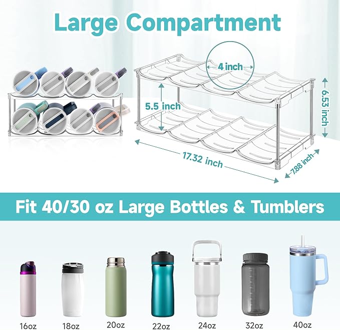 spospo Stackable Water Bottle Organizer Large Compartment Bottle Holder | Tumbler Organizer for Stanley 40 oz Cup, Kitchen Cabinet Storage Organizer for Stanley Cup Accessories, 2 Tier Hold 8 Bottle