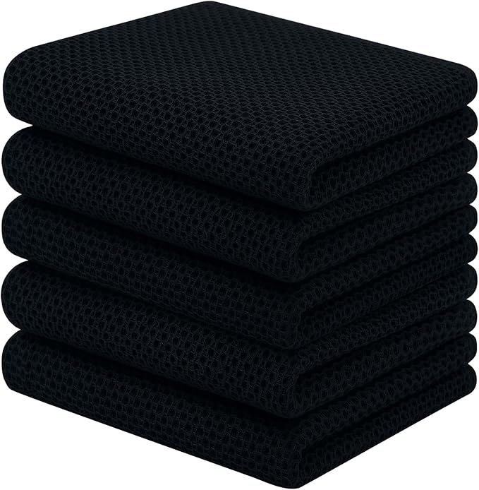Homaxy 100% Cotton Waffle Weave Kitchen Towels, 5-Pack, Black | 13 x 28 Inches, Ultra Soft Absorbent Dish Towels, Quick Drying Cleaning Towels
