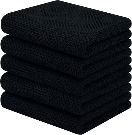 Homaxy 100% Cotton Waffle Weave Kitchen Towels, 5-Pack, Black | 13 x 28 Inches, Ultra Soft Absorbent Dish Towels, Quick Drying Cleaning Towels