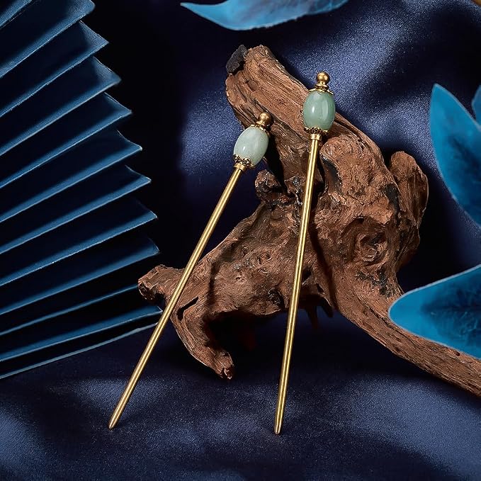 PH PandaHall 2pcs Natural Green Gemstone Hair Stick Golden Hairpins Metal Hair Sticks Chinese Hairpin 5.9 inch Brass Hairs Chopstick Vintage Hairpin for Women Gifts Long Hairs Ornament Accessory