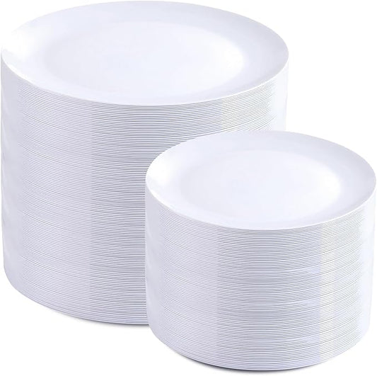 PULOTE 200 Pieces White Plastic Plates Disposable - Include 100PCS 10 inch Dinner & 100PCS 7 inch Dessert Plates, Ideal for Party & Wedding