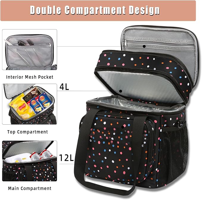 GLENKEY Expandable Lunch Box Cooler Bag - Insulated Soft Lunch Bag for Men Women - Large Lunchbox for Adults Work Camping Outdoor Travel Polka Dots 16L