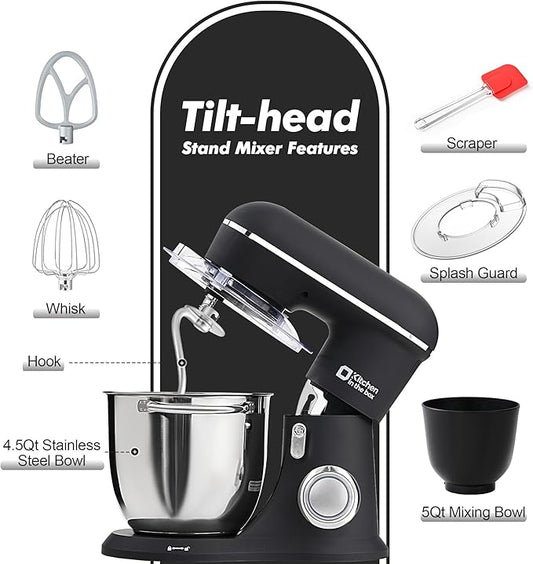 Kitchen in the box Stand Mixer, 4.5QT+5QT Two bowls Electric Food Mixer, 10 Speeds 3-IN-1 Kitchen Mixer for Daily Use with Egg Whisk,Dough Hook,Flat Beater (Onyx Black, 5QT)