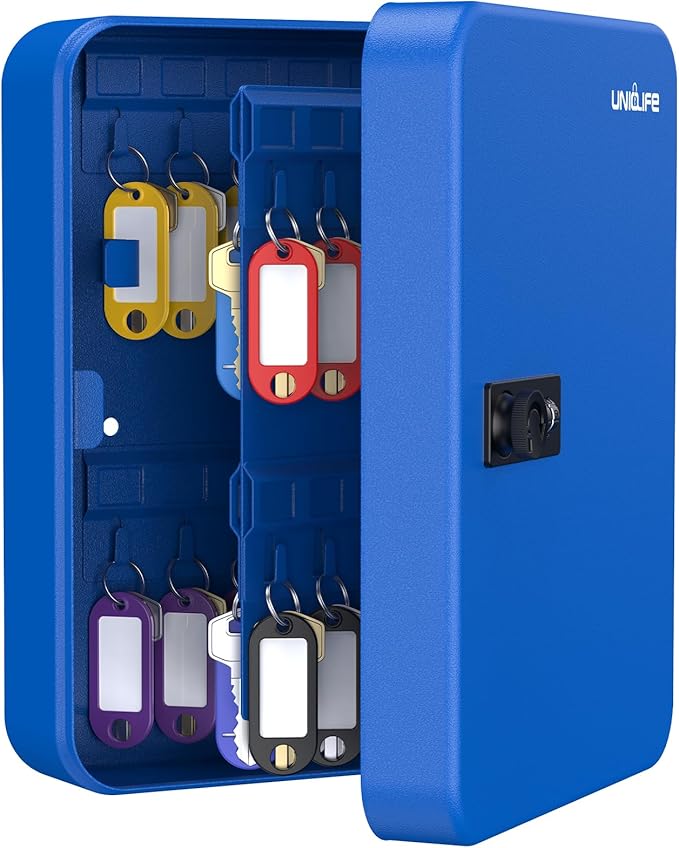 Uniclife 48 Keys Lock Box for Keys with Code, Wall Mount Key Lock Box with Code, Lockbox for Keys, Key Lockbox with Tags, Key Cabinet, Key Storage Box for Home Office & Company, Blue