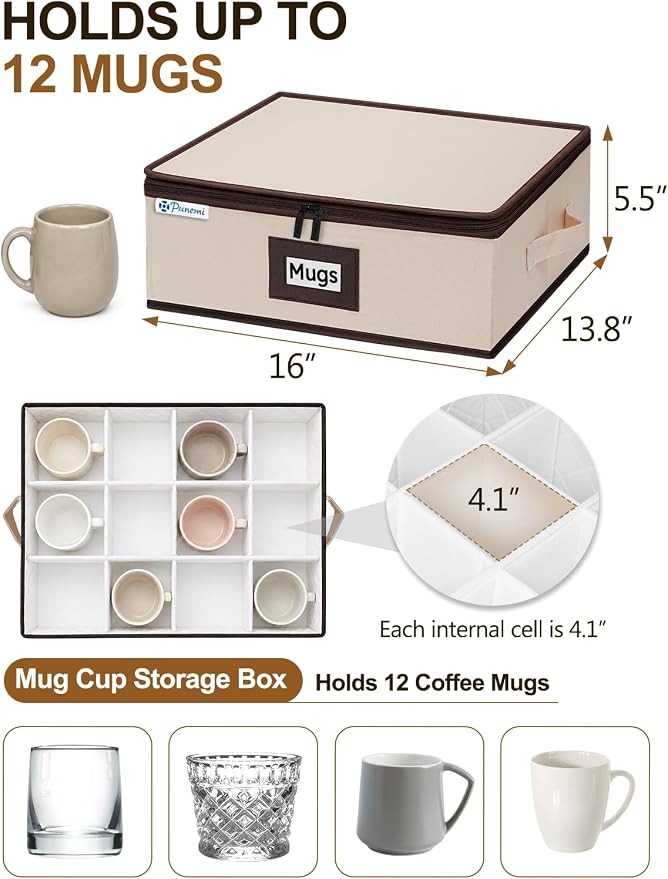 punemi Mug Storage Organizer, 2-Pack Hard Shell Boxes for Packing & Moving | Padded dividers, stackable design and carry handles for coffee mugs, tea cups and china storage, beige