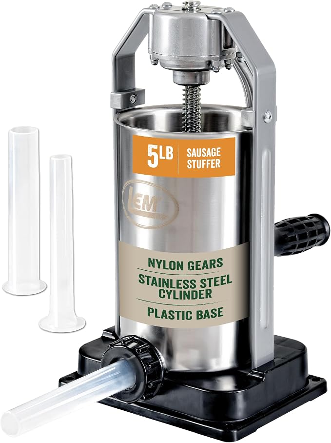 LEM Products 5 lb Sausage Stuffer, For Beginners & First-Time Sausage Making, Includes Stuffing Tubes, Removable Cylinder for Easy Cleaning, Air-Release Piston, Meat Stuffer Machine