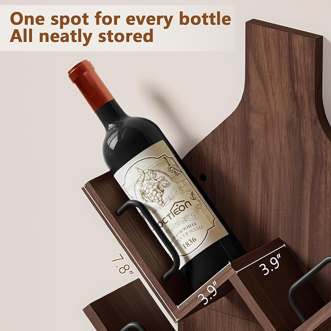 Hoctieon Wine Rack Wall Mounted, 6 Bottles Wood Wine Rack for Display and Storage, Hanging Bottle Holder Bar Shelves for Living Room, Kitchen, Dining Room, Wine Cellar, Walnut