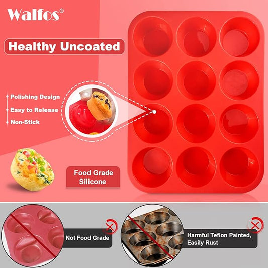 Walfos Silicone Muffin Pan Set - Regular 12 Cups Silicone Muffin Pan and Mini 24 Cups Cupcake Pan - BPA Free and Dishwasher Safe, Great for Making Muffin Cakes, Tart, Bread