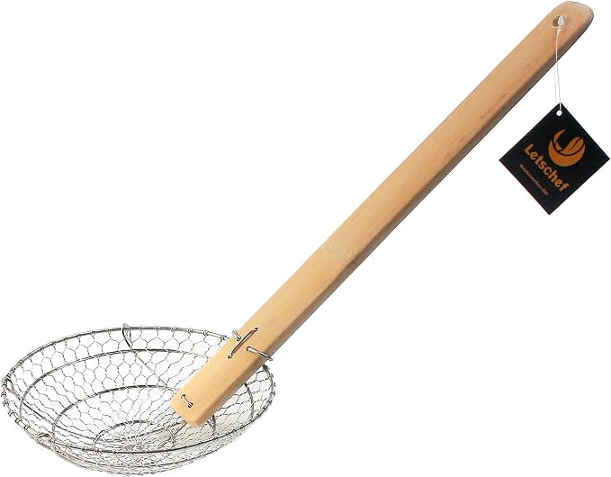 Stainless Steel Spider Strainer Asian Kitchen Wire Food Cooking Skimmer With Natural Bamboo Handle, 7-Inch, Hand-Made