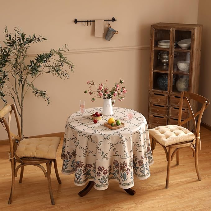 patdrea Designer Vintage Linen Round Table Cloth,Durable Breathable Floral Tablecloth,Dacorative Table Covers for Kitchen Dining Tea Party,Holiday,Christmas,Thanksgiving,Diameter 55"-Oliveirad