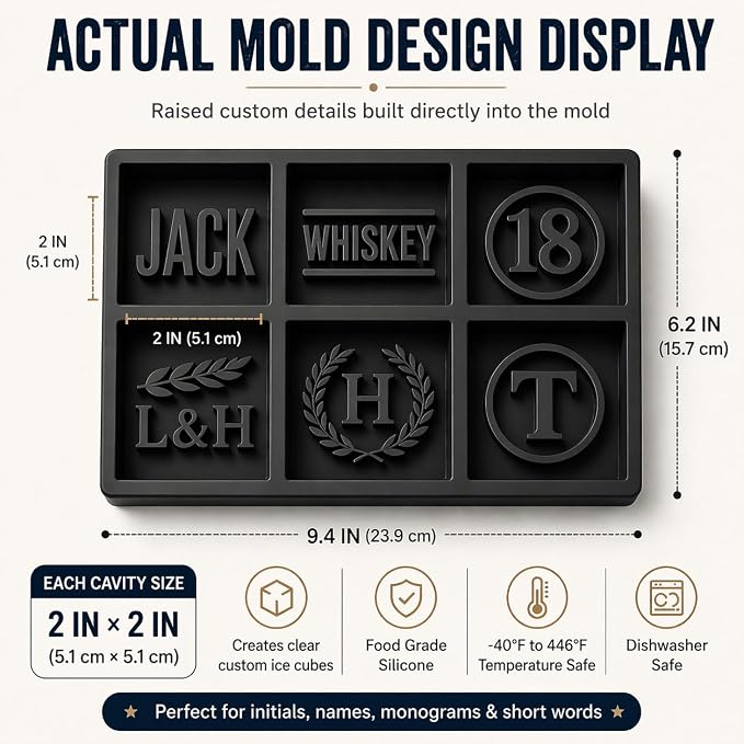 Personalized Ice Cube Mold, Custom Text Silicone Ice Tray 2” Cubes, Add Names Initials Dates or Short Words, Reusable Square Whiskey Ice Mold for Bourbon Cocktails Gifts for Men Dad Husband