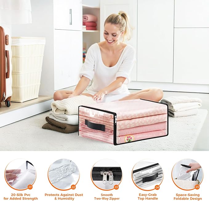 SpaceWhisper 6 Pack Clear Storage Bags, Plastic Blanket Storage Bags with Zipper and Handle, Moving Bags for Comforter, Bedding & Clothes, Closet Organizer and Under Bed Storage (17.7x15.7x7.9 Inch)