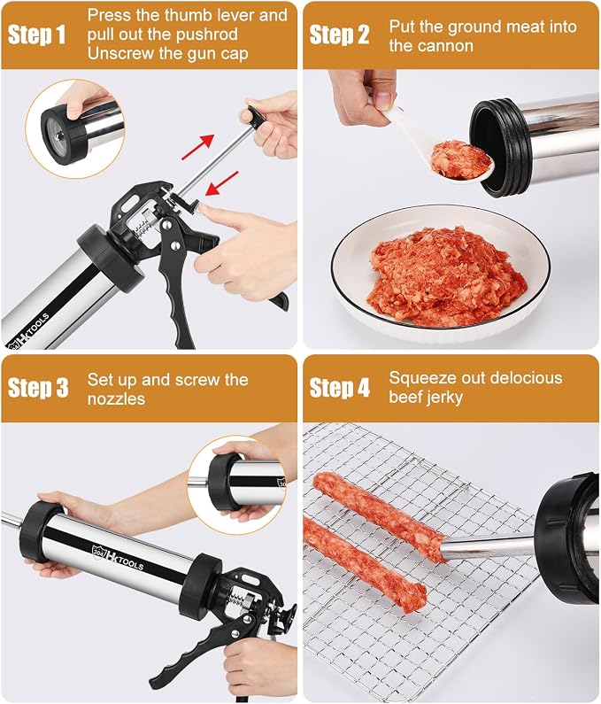 5rd Gen 2.5 LB Jerky Gun Kits, Jerky Maker Gun, Meatball Maker, Stainless Steel Sausage Stuffer Jerky Making Gun with 6 Stainless Nozzles, 2 Cleaning Brushes, 1 Stomper, Gifts for Women Men