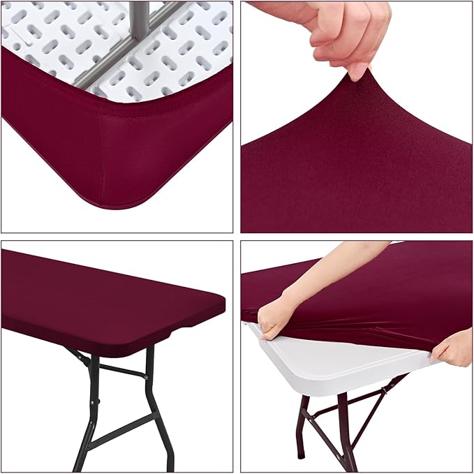 6 Pack Stretch Fabric Table Top Cap Cover, fits 8' Tables, Spandex Table Covers Washable Elastic Rectangle Tablecloth Protector for Indoor Outdoor Party Picnic Wedding, Wine Red, 30" W x 96" L