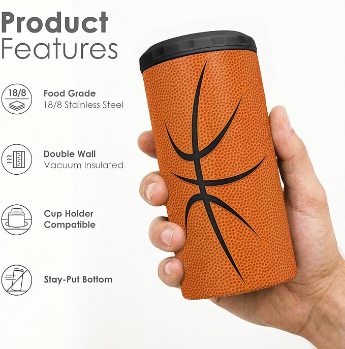Basketball Can Cooler 12oz - Travel Mug Cups - Stainless Steel Insulated for Men Women Players - Tumbler Cans Koozie, Sport Gift for Fan Coach Lovers