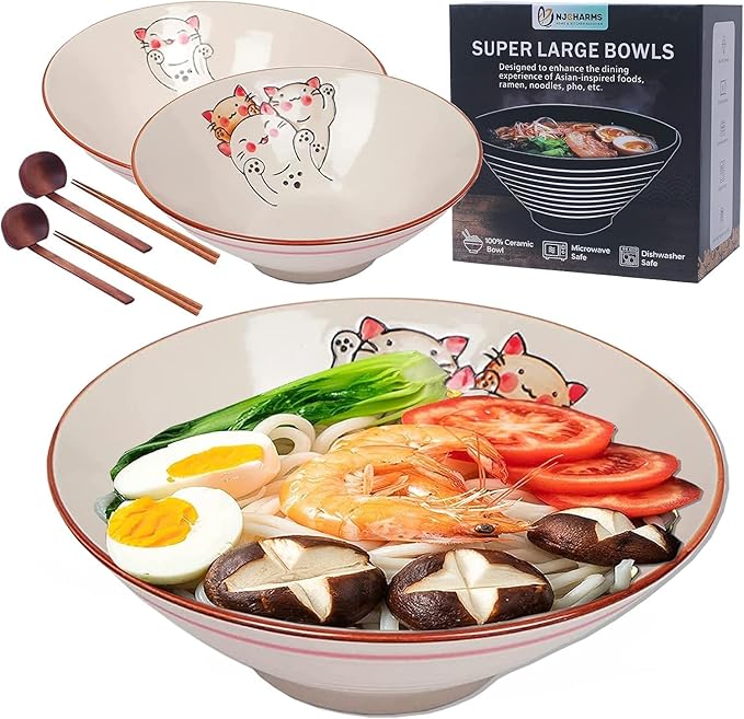 NJCHARMS Ceramic Ramen Bowl Set of 2, 42 oz Japanese Noodle Soup Bowls with Spoons and Chopsticks for Ramen Soup Pho Udon Asian Noodles, Large Noodle Bowls(Beige)