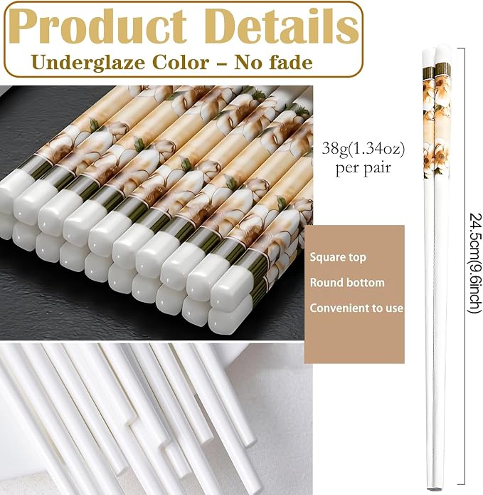Ceramic Chopsticks Reusable,5 Pairs Porcelain Chop sticks,Camellia,9.7'' | Easy to Clean,Dishwasher Safe,Heat Resistant,with a Gift case,Cooking Chopsticks,High-grade Bone China Porcelain