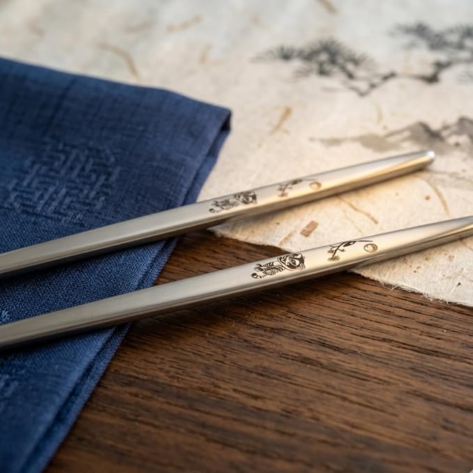 Korean 316 Stainless Steel Cutlery Set for 1 | Spoon Chopsticks Fork Knife Set, Made in Korea, Balanced Grip Reusable Dishwasher Safe, Hojakdo Animal Engraved Design