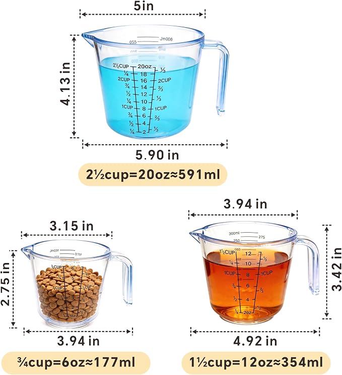 Measuring Cup Set, 3PCS Plastic Liquid Measuring Cups,Includes 150Ml, 300Ml and 600Ml, with Nozzle Handle- Baking, Cooking, Mixing & Liquid/Solid Measuring, Essential Kitchen Tools (Clear)