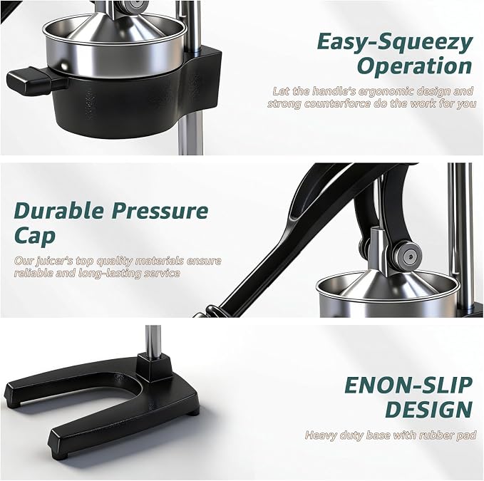 Manual Citrus Juicer, Cast Iron Lemon Squeezer for Orange Lime | Heavy Duty Commercial Grade Fruit Press, Rustic Hand Juicer Large Capacity Easy Clean, Black