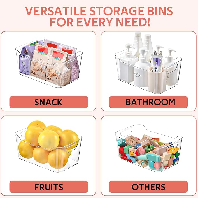 Clear Plastic Storage Bins - 12 Pack Pantry Organizers and Storage,Large Clear Pantry Organizer Bins, Plastic Containers with Handle for Kitchen, Cabinet, Bathroom, Classroom Organization
