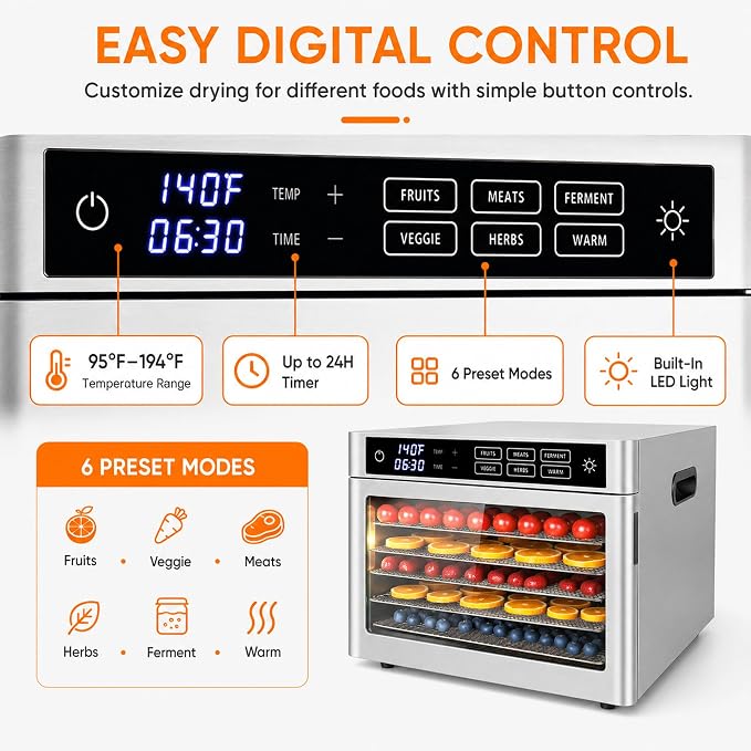 6-Tray Stainless Steel Food Dehydrator | jerky maker fruit dryer herb dehydrator dog treat maker digital food dehydrator countertop dehydrator