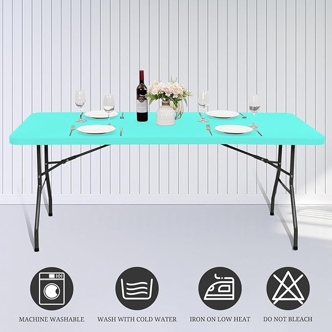 6 Pack Fitted Tablecloth for 8 Foot Rectangle Tables, Aqua Blue Elastic Outdoor Picnic Table Cover, Washable Stretch Folding Table Cloths 8 ft for Camping Party Patio Kitchen Banquet, 30" W x 96" L