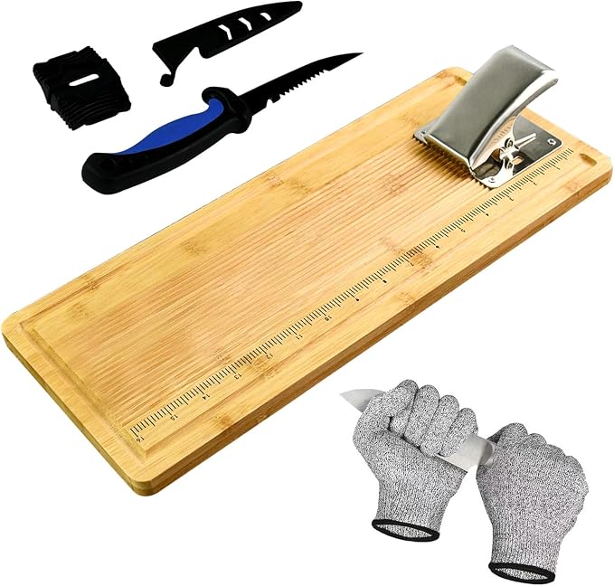 Fish Cleaning Board Kit, Fish Fillet Cutting Board Set with Clamp | 18" Bamboo Fish Cleaning Tools with Fillet Knife, Sharpener,Gloves,Anti-slip Fishing Measuring Board,Fisherman Gifts for Men