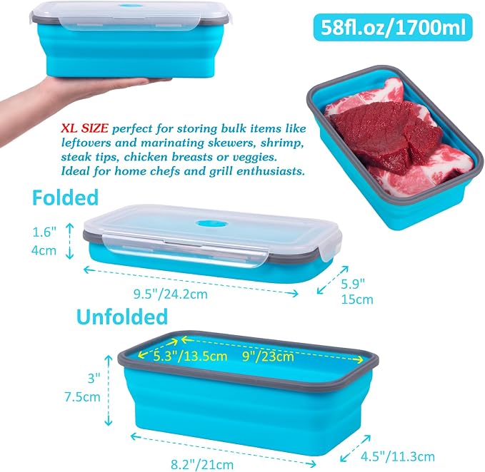 Extra Large Collapsible Food Storage Containers with Lid & Air Vent, 58 oz, 4 Pack, XL Collapsible Marinade Container with Lid Foldable Silicone Containers, Microwave Freezer Dishwasher Safe, Blue
