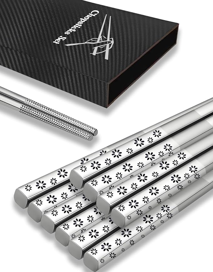 18/8 Stainless Steel Chopsticks Reusable, Cherry Blossoms, 5 Pairs | Metal,Gift Box Set,Dishwasher Safe, Square Lightweight, Non-Slip,Easy to clean