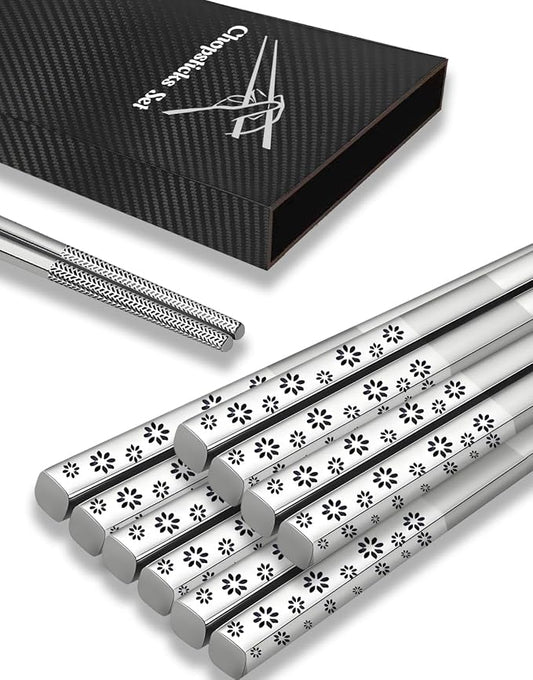 18/8 Stainless Steel Chopsticks Reusable, Cherry Blossoms, 5 Pairs | Metal,Gift Box Set,Dishwasher Safe, Square Lightweight, Non-Slip,Easy to clean