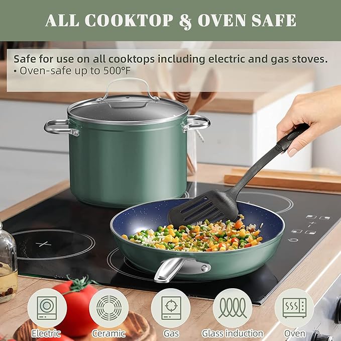 Nuwave 9pc Cookware Set Healthy Duralon Blue Ceramic Nonstick Coated, Diamond Infused Scratch-Resistant, PFAS Free, Oven Safe, Induction Ready & Evenly Heats, Tempered Glass Lids & Stay-Cool Handle