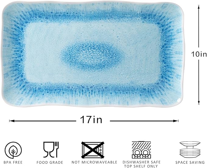 Large Farmhouse Melamine Serving Trays, Set of 2, 17 x 10 inches Serving Platters for Food Serving, Durable and Dishwasher Safe BBQ Tray, Reactive Blue