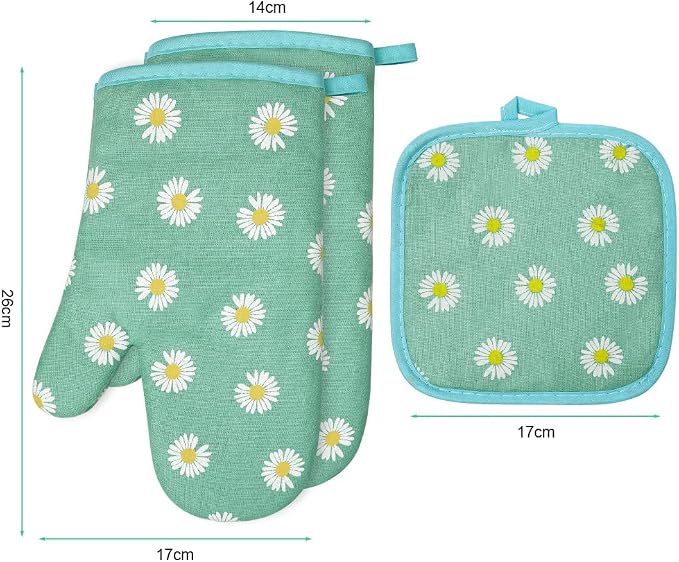 AUAUY Oven Mitts and Potholders, BBQ Gloves Heat Resistant, 1 Pair Oven Mitts and 2 Pot Holders, Cotton Non-Slip Cooking Gloves Home Essentials for Cooking Baking Kitchen Microwave Pizza (Daisy-Green)