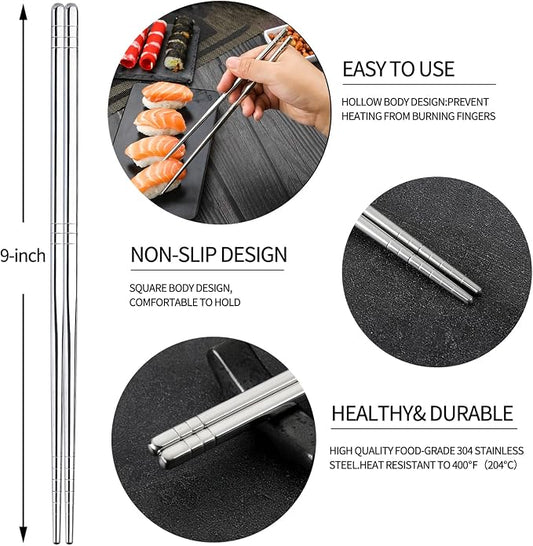 Stainless Steel Chopsticks, Metal Alloy Chopstick, Reusable Non-slip Design Chop Sticks, 5 Pairs Gift Set,Silver