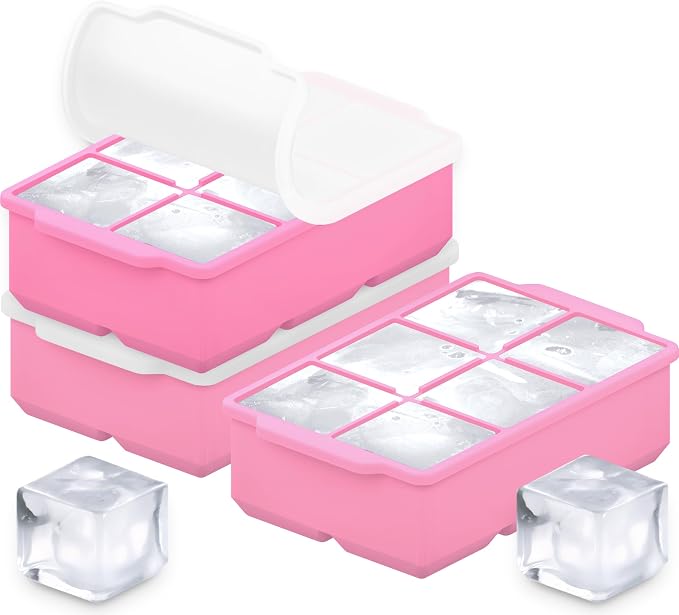 KitchFort® Large Silicone Ice Cube Tray (3-Pack), Easy Release 2" Big Ice Cubes - Cocktail, Whiskey Ice Cubes Mold - Ice Trays for Freezer with Lid - Stackable Silicone Ice Tray - Pink