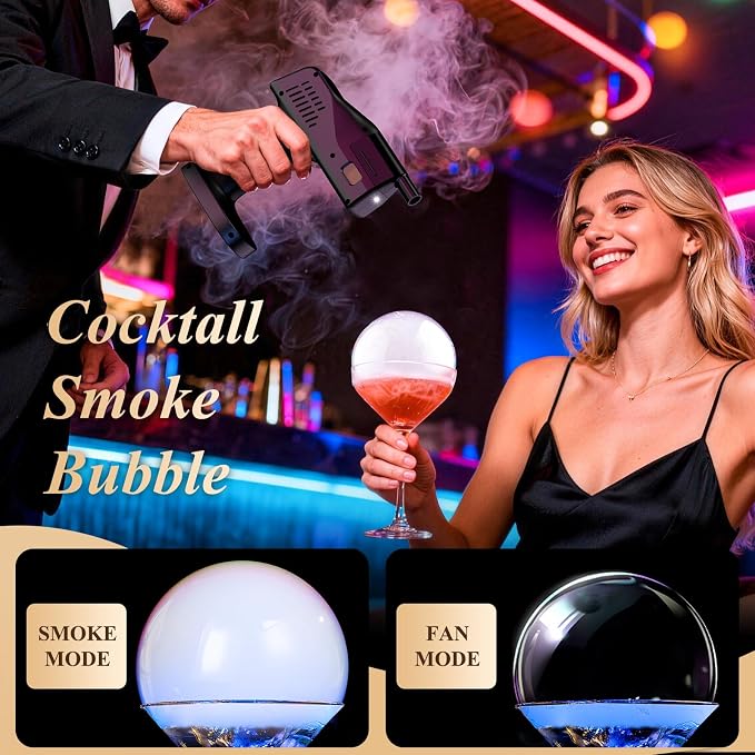 Electric Cocktail & Food Smoker Gun | Create Smoke & Edible Bubbles, 4 Aroma Oils, Color Screen, One-Touch Operation, Ideal Bartender Kit & Unique Gift for Men