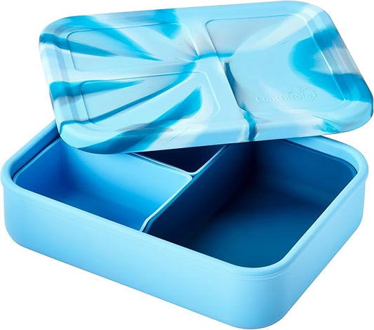 LunchBots Build -a- Bento Lunch Box, Silicone Bento Box for Kids, Multi-Compartment Lunch Container, Oven & Dishwasher Safe, BPA Free, 32 oz - Tie Dye Light Blue