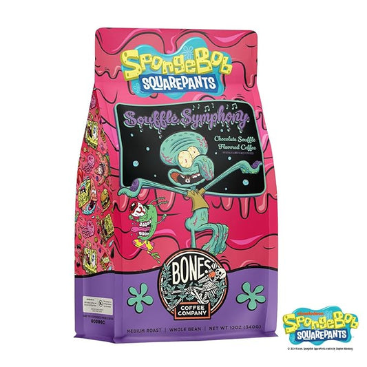 Bones Coffee Company Spongebob Soufflé Symphony, Chocolate Soufflé Flavored Ground Coffee Beans, Low Acid Medium Roast Arabica Beans Flavored Coffee, 12 oz Ground