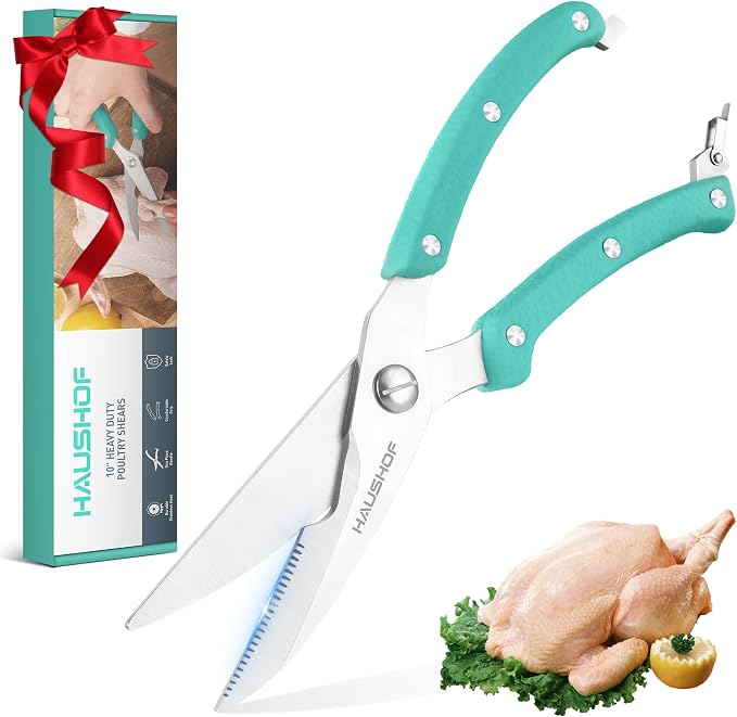 HAUSHOF 10" Poultry Shears, Stainless Steel Kitchen Scissors for Food | Serrated Blade, One-Piece Handle, Spring-Assisted Cutting, Safety Lock, Poultry, Meat, Fish & Bone Prep
