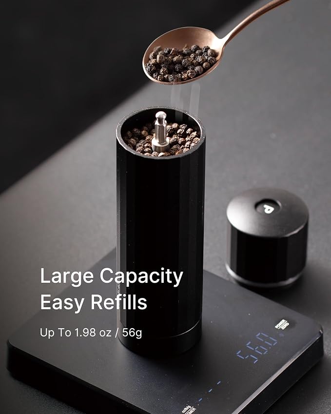 All-Metal Pepper Grinder, Manual Pepper Mill, Stainless Steel Burr | Commercial-Grade, No Plastic, Refillable, 60+ Precision Settings, High-Output Grinding, Magnetic No-Mess Powder Chamber